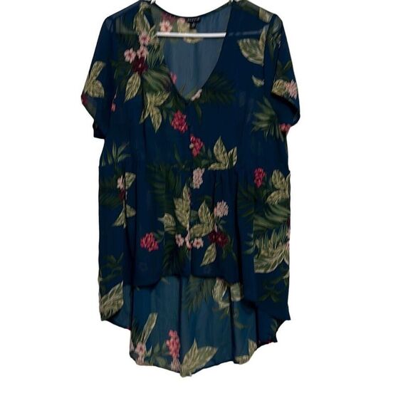 Torrid Women's Blue Tropical Floral Hi-Low Sheer Tunic Size 1 - Picture 1 of 3